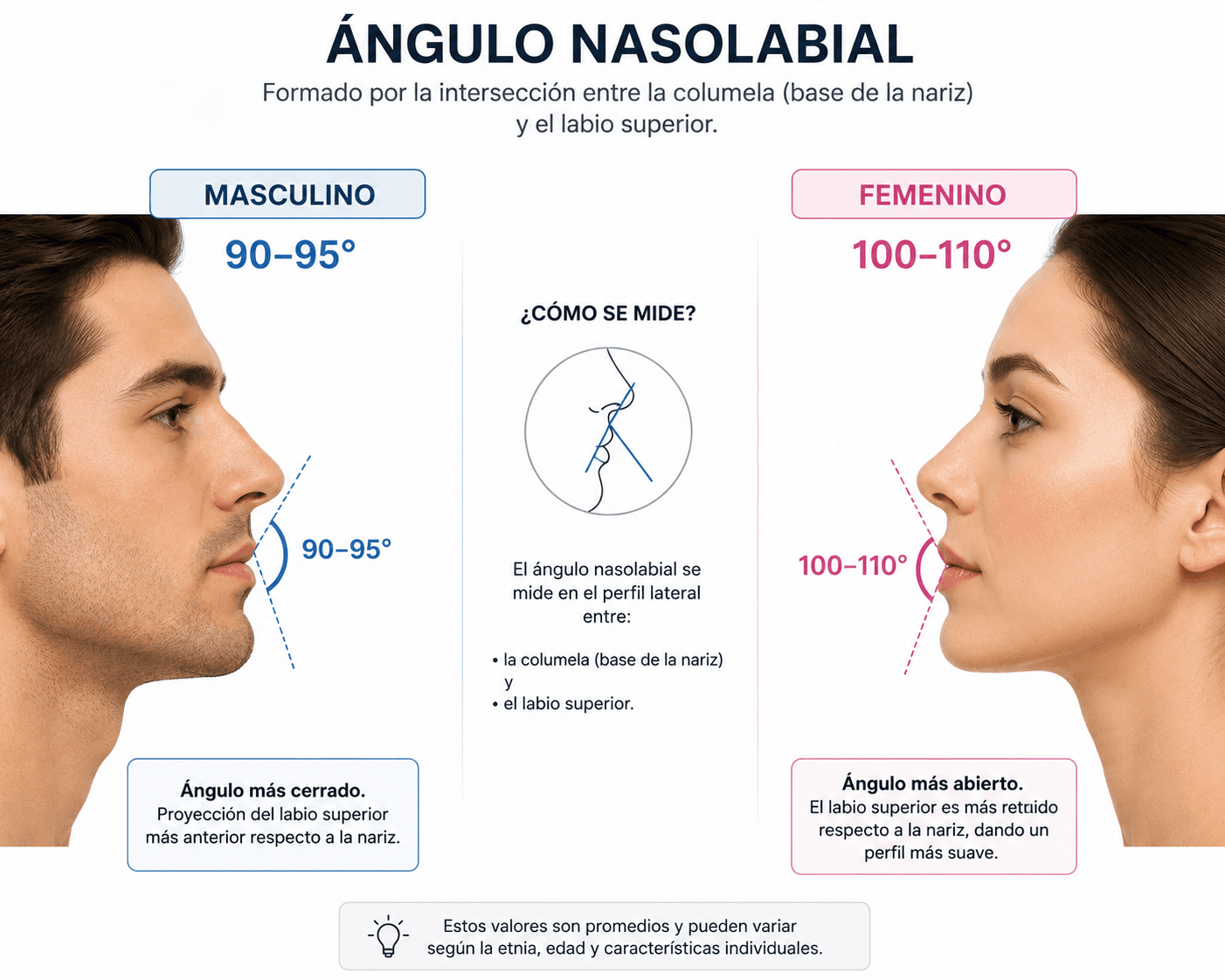 Diagrama del ángulo nasolabial en rinoplastia masculina — diferencia entre 90–95° masculino y 100–110° femenino
