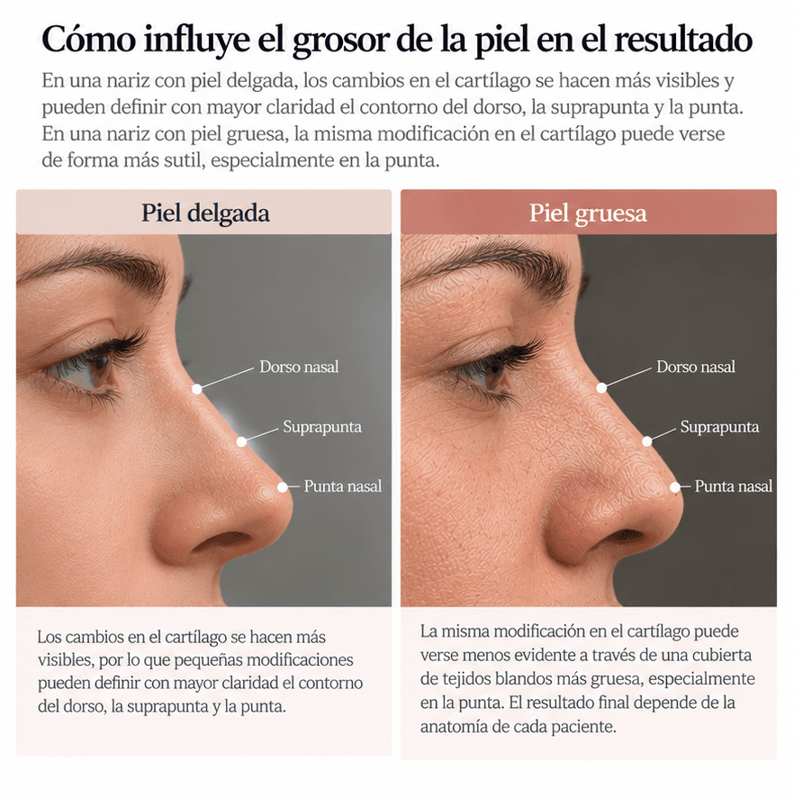 Comparación visual de cómo el grosor de la piel puede modificar la definición visible del dorso, la suprapunta y la punta nasal
