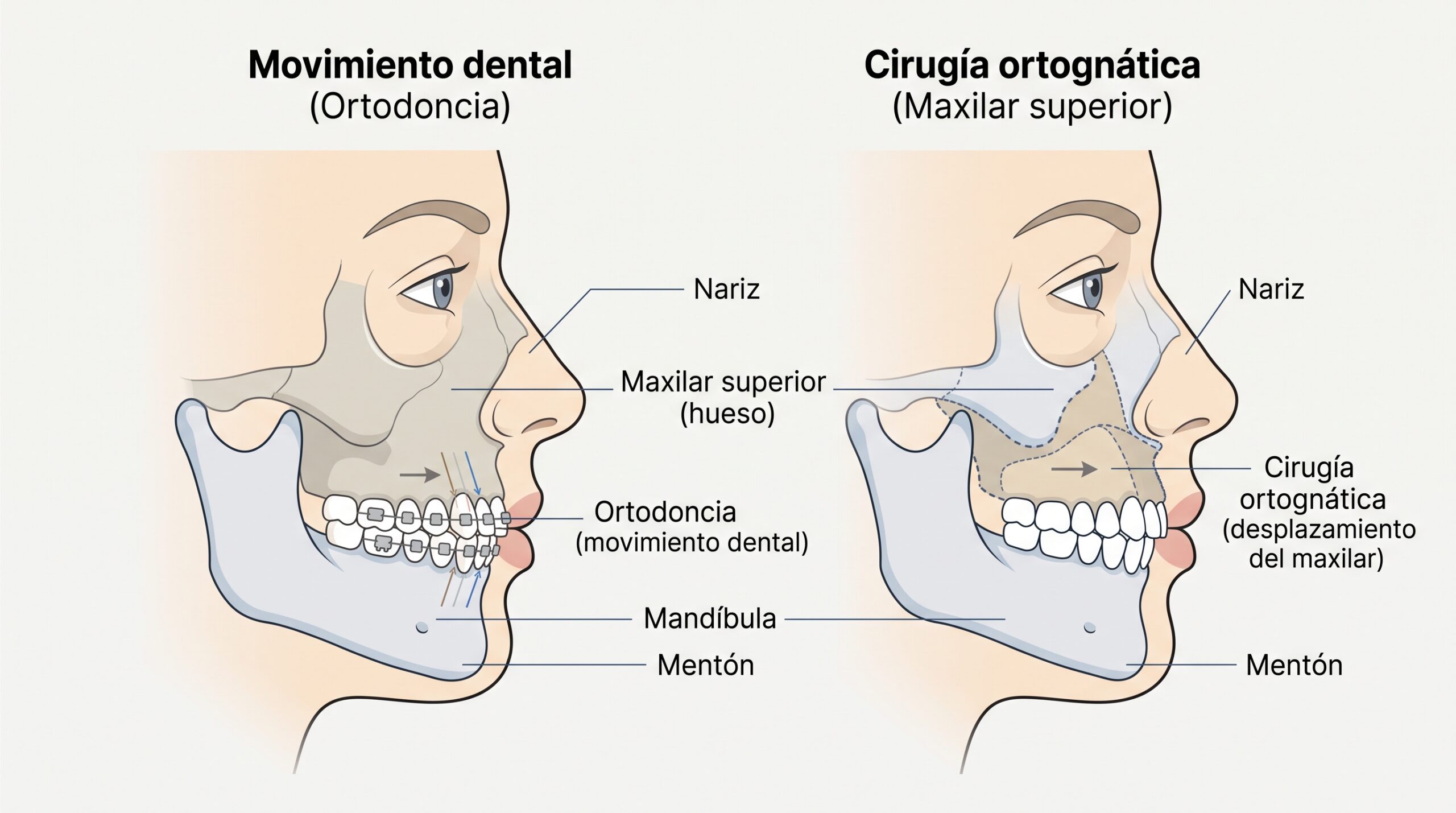 Comparación anatómica entre movimientos dentales de ortodoncia y desplazamiento del maxilar superior en cirugía ortognática